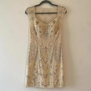 SUE WONG cream beaded cap sleeve sweetheart neck mini dress